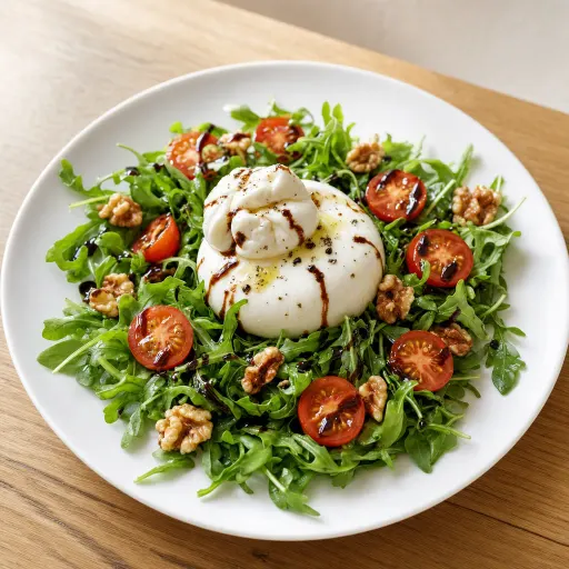 Bella Burrata Salat, Burrata, Rucola, Kirschtomaten, Walnüsse, Olivenöl, Balsamico-Creme - Bella Casa Datteln