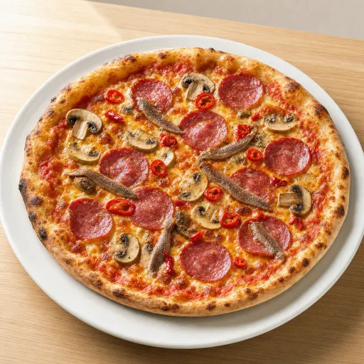 Alla Diavola, Sardellen, Salami, Champignons, scharfe Peperoni - Bella Casa Datteln