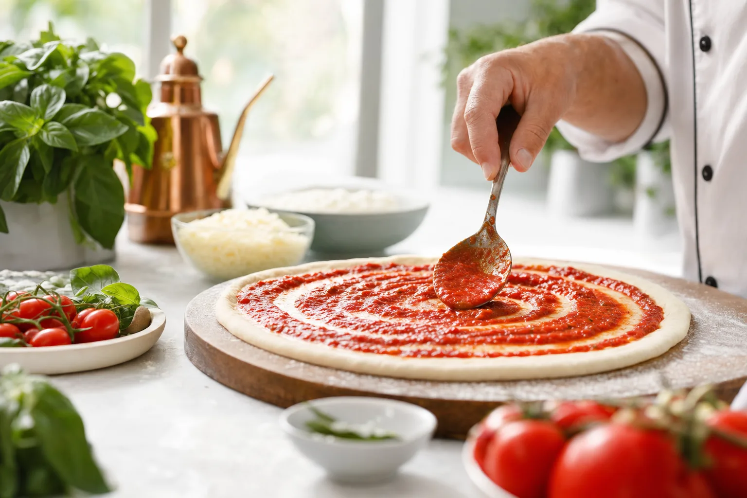 Frische Tomatensauce wird auf den Pizzaboden gegeben