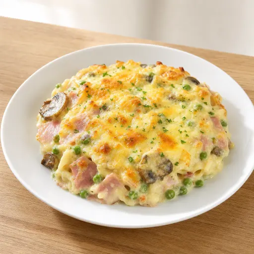 Kartoffelauflauf, mit Champignons, Schinken, Erbsen, Sahnesauce, Käse überbacken - Bella Casa Datteln