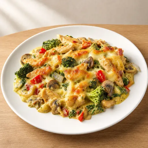 Mein neues Ich India (Low Carb), mit Hähnchenbruststreifen, Spinat, Champignons, Broccoli, Knoblauch, Paprika, Zwiebeln, Sahne-Currysauce, Käse überbacken - Bella Casa Datteln