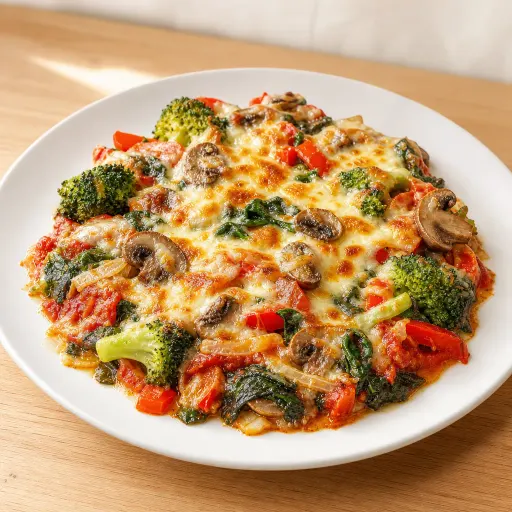 Vegetaria-Auflauf, mit Spinat, Champignons, Broccoli, Knoblauch, Paprika, Zwiebeln, Tomatensauce und Käse überbacken - Bella Casa Datteln