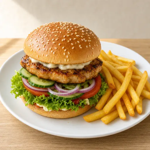 Crispy Chicken Burger Double XL, ca. 200 g herzhaftes Geflügelfleisch auf frischem Salat mit Tomaten, Gurken, Zwiebeln und Pommes - Bella Casa Datteln