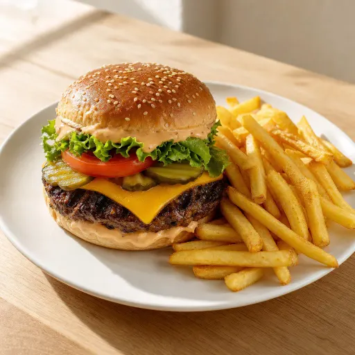 Double Cheese Spezial Burger XXL, ca. 360 g, 100% pures Rindfleisch. Herzhaft gegrillt und belegt mit Salat, Tomaten, Gurken, Käse, Spezialsauce und Pommes - Bella Casa Datteln