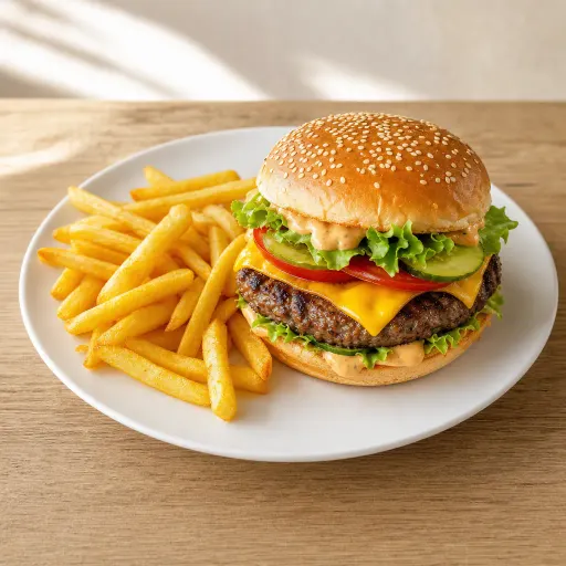 Double Cheese Spezial Burger XXXL, ca. 450 g, 100% pures Rindfleisch. Herzhaft gegrillt und belegt mit Salat, Tomaten, Gurken, Käse, Spezialsauce und Pommes - Bella Casa Datteln