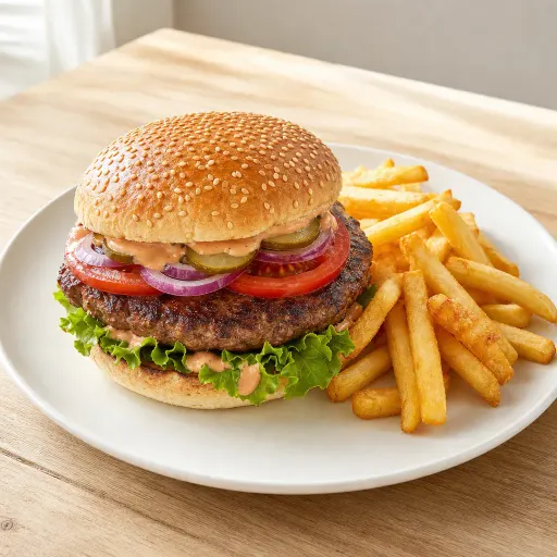 Hamburger Spezial XXL, ca. 360 g, 100% pures Rindfleisch. Herzhaft gegrillt und belegt mit Salat, Tomaten, Gurken, Zwiebeln, Spezialsauce und Pommes - Bella Casa Datteln