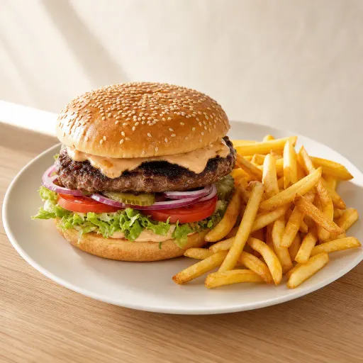 Hamburger Spezial XXXL, ca. 450 g, 100% pures Rindfleisch. Herzhaft gegrillt und belegt mit Salat, Tomaten, Gurken, Zwiebeln, Spezialsauce und Pommes - Bella Casa Datteln