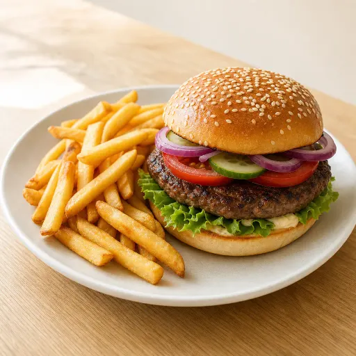 Hamburger, mit Rindfleisch, Salat, Gurke, Tomate und Zwiebeln - Bella Casa Datteln