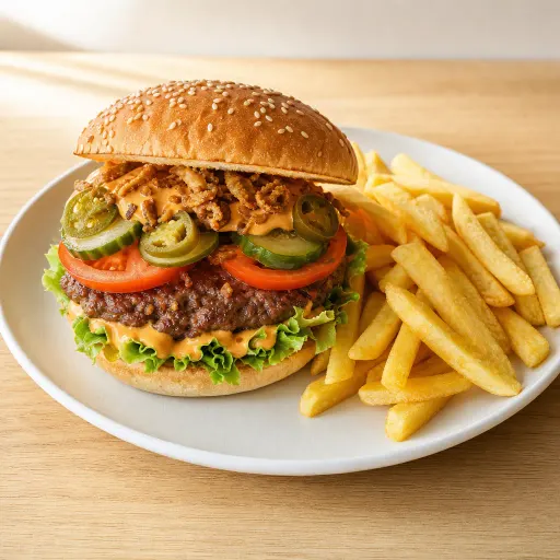 Hot Chili Burger Spezial XXL, ca. 360 g, 100% pures Rindfleisch. Herzhaft gegrillt und belegt mit Salat, Tomaten, Gurken, Jalapenos, Röstzwiebeln, Mexican Inferno Sauce und Pommes - Bella Casa Datteln