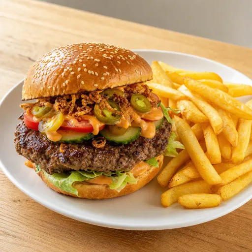 Hot Chili Burger Spezial XXXL, ca. 450 g, 100% pures Rindfleisch. Herzhaft gegrillt und belegt mit Salat, Tomaten, Gurken, Jalapenos, Röstzwiebeln, Mexican Inferno Sauce und Pommes - Bella Casa Datteln