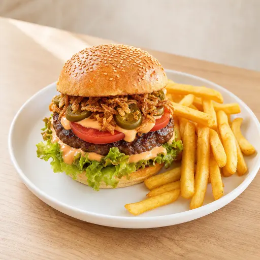Hot Chili Burger, Rindfleisch, Salat, Tomaten, Jalapenos, Röstzwiebeln, Mexican-Inferno Sauce - Bella Casa Datteln