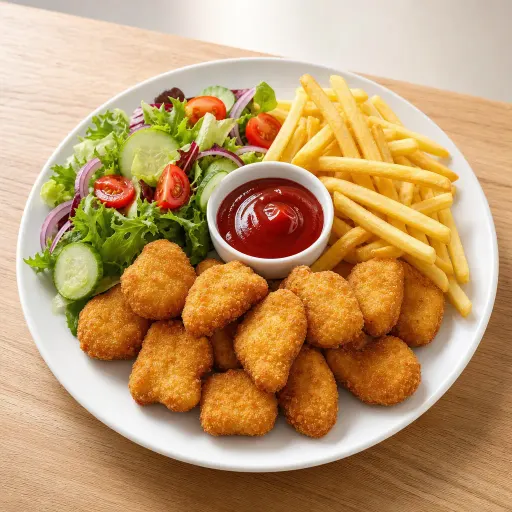 Chicken-Nugget-Teller, 12 Chicken-Nuggets mit Dip, Pommes und Salat - Bella Casa Datteln