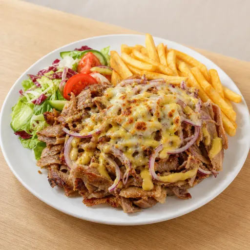 Dönerteller alla Casa, mit Dönerfleisch, Zwiebeln, Honig-Senf-Sauce, Käse überbacken, Pommes und Salat - Bella Casa Datteln