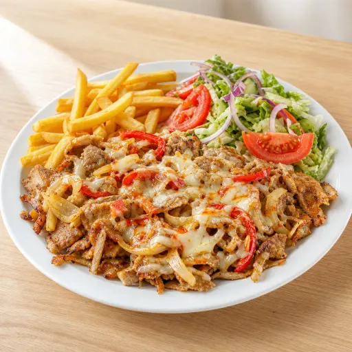 Dönerteller Barbecue, mit Zwiebeln, Paprika, Sweet-Chili-Sauce und Käse überbacken, Pommes und Salat - Bella Casa Datteln