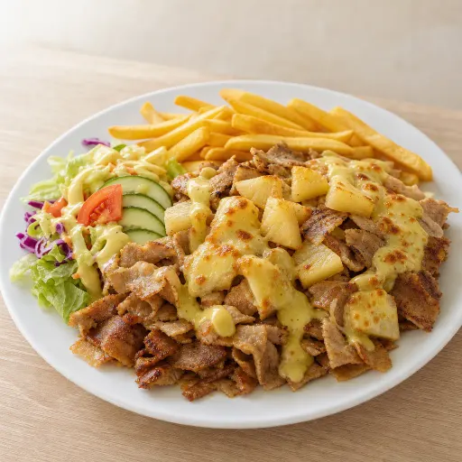 Dönerteller Bellisimo, mit Dönerfleisch, Ananas, Honig-Senf-Sauce, Käse überbacken, Pommes und Salat - Bella Casa Datteln