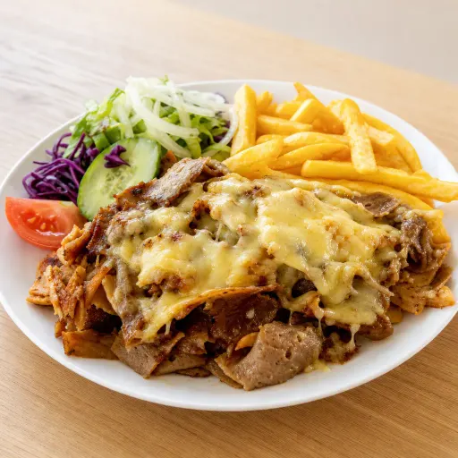 Dönerteller Bombastico, mit Dönerfleisch, Hähnchenbrustfilet, Schinken, Sauce Hollandaise, Käse überbacken, Pommes und Salat - Bella Casa Datteln