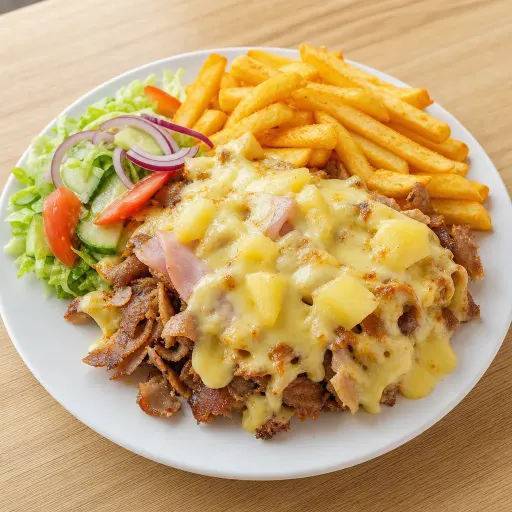 Dönerteller Hawaii, mit Sauce Hollandaise, Ananas, Schinken, Käse überbacken, Pommes und Salat - Bella Casa Datteln