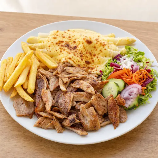 Dönerteller Spargel, mit Spargel, Sauce Hollandaise, Käse überbacken, Pommes und Salat - Bella Casa Datteln