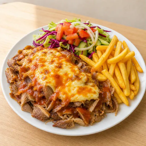 Dönerteller Spezial Süß-Sauer, mit Käse überbacken, einer mittelscharfen Süß-Sauer-Sauce, Pommes und Salat - Bella Casa Datteln