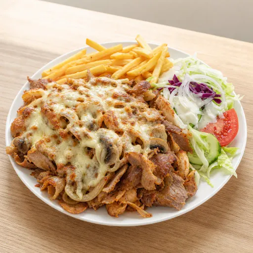 Dönerteller Spezial, mit Zwiebeln, Champignons, Käse überbacken, Pommes und Salat - Bella Casa Datteln