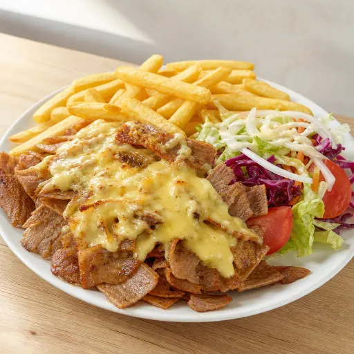 Dönerteller, Sauce Hollandaise, Käse überbacken, Pommes und Salat - Bella Casa Datteln