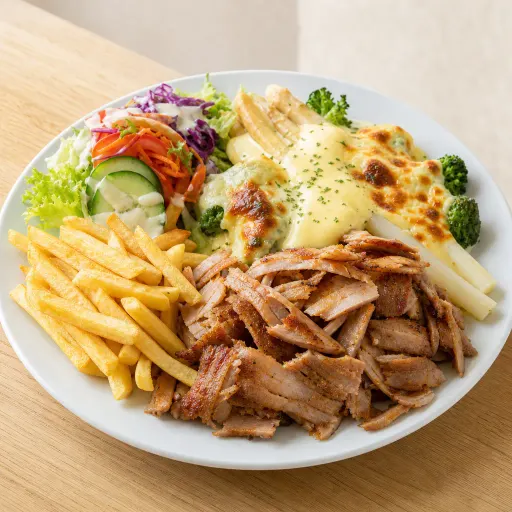 Menü-Teller, mit Dönerfleisch, Spargel, Broccoli, Käse überbacken, Sauce Hollandaise, Pommes und Salat - Bella Casa Datteln