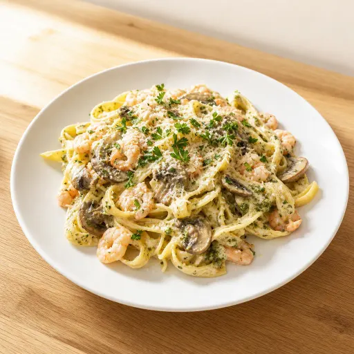Bella Niko, mit Sahnesauce, Krabben, Pesto und Champignons - Bella Casa Datteln
