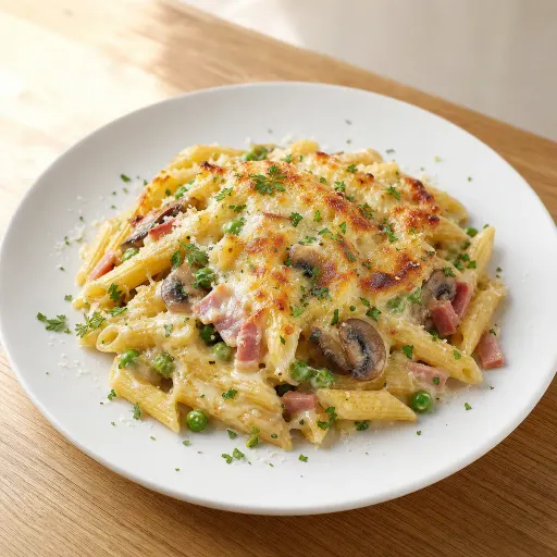 Romana alla Panna, mit Schinken, Erbsen, Champignons, Sahne und Käse überbacken - Bella Casa Datteln