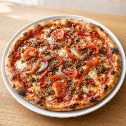 Angelo, frische Tomaten, Paprika, Zwiebeln, Hackfleischsauce, scharfe Peperoni - Bella Casa Datteln