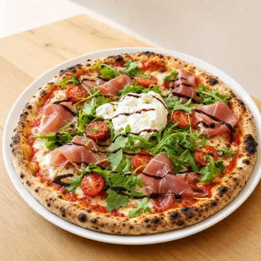 Bella Burrata, Tomatensauce, Mozzarella, Burrata, Schinken, Rucola, Kirschtomaten, Balsamico-Creme - Bella Casa Datteln