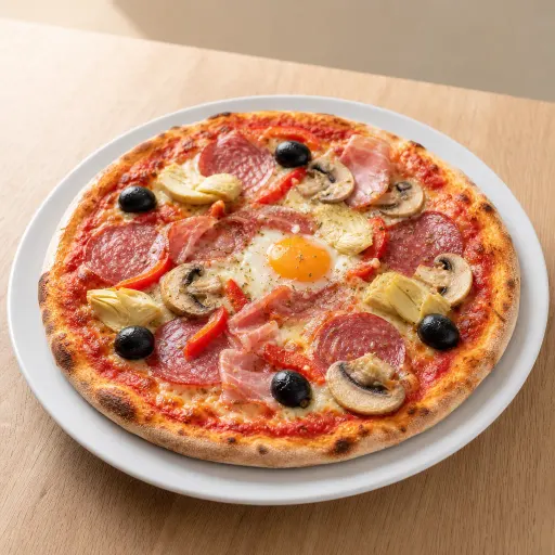 Bella Marwa, Salami, Schinken, Ei, Paprika, Champignons, Artischocken, Oliven - Bella Casa Datteln