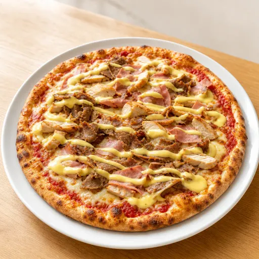 Fleischpizza Bombastico, Dönerfleisch, Hähnchenbrustfilet, Schinken, Sauce Hollandaise - Bella Casa Datteln