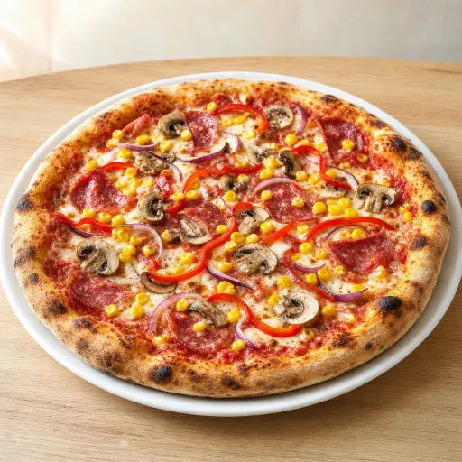Picanta-Pizza, Mais, Paprika, Zwiebeln, Champignons, Salami - Bella Casa Datteln