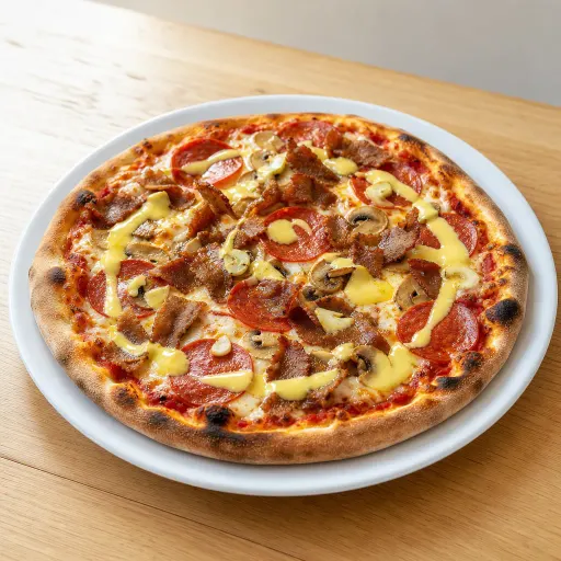 Pizza Döner de Franzisko, Sauce Hollandaise, Peperoni, Dönerfleisch, Champignons, Knoblauch - Bella Casa Datteln