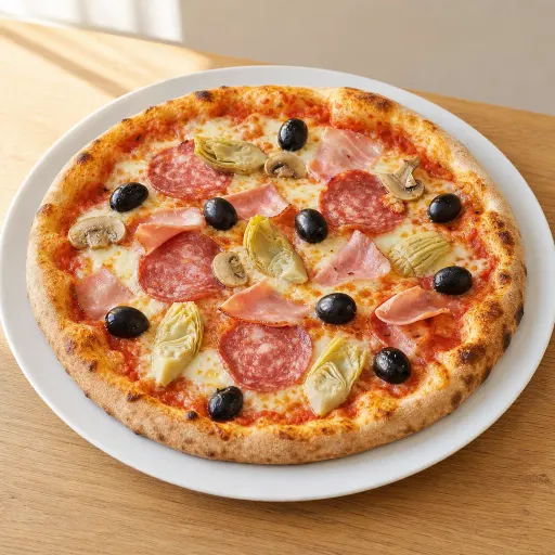 Quattro Stagioni, mit Salami, Schinken, Oliven, Champignons, Artischocken - Bella Casa Datteln