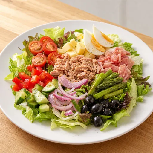 Capricciosa, mit Eisbergsalat, Tomaten, Paprika, Zwiebeln, Gurken, Thunfisch, Schinken, Käse, Ei, Oliven und Spargel - Bella Casa Datteln