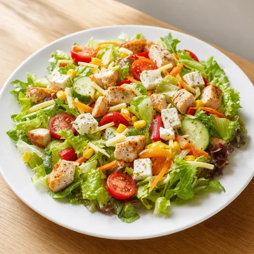 Casa, mit Eisbergsalat, Tomaten, Gurken, Möhren, Mais, Hähnchenbrust, Schafskäse, Käse und Paprika - Bella Casa Datteln