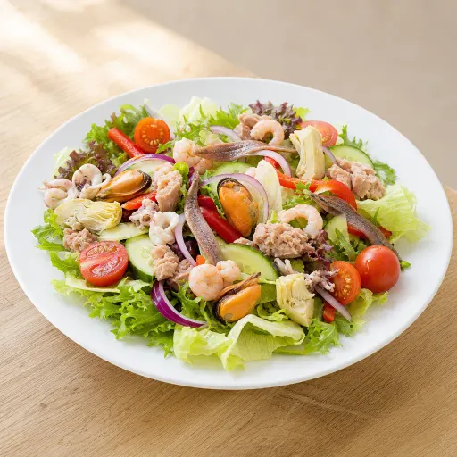 Frutti di Mare, mit Eisbergsalat, Tomaten, Gurken, Thunfisch, Artischocken, Paprika, Zwiebeln, Krabben, Muscheln, Sardellen, Meeresfrüchten - Bella Casa Datteln