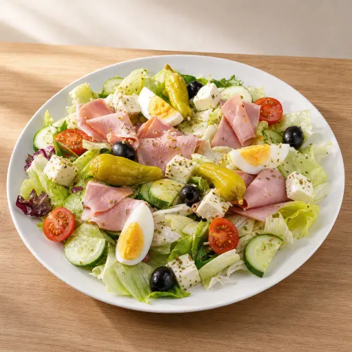 Latium, mit Eisbergsalat, Tomaten, Gurken, Weißkraut, Oliven, Peperoni, Schafskäse, Schinken und Ei - Bella Casa Datteln