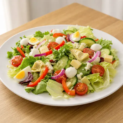 Quattro Formaggi, mit Eisbergsalat, Tomaten, Gurken, Mozzarella, Gouda, Schafskäse, Paprika, Artischocken, Zwiebeln und Ei - Bella Casa Datteln