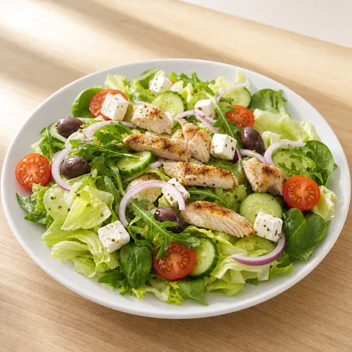 Rucola Chicken, mit Rucola, Hähnchenbrust, Gurken, Tomaten, Zwiebeln, Schafskäse, Oliven und Eisbergsalat - Bella Casa Datteln