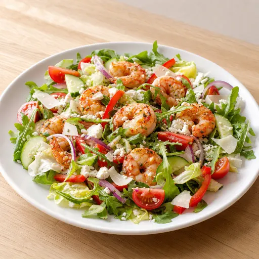 Scampi, gebratene Garnelen in Knoblauchmarinade mit Tomaten, Gurken, Zwiebeln, Paprika, Schafskäse, Knoblauch, Parmesankäse, Rucola, Eisbergsalat - Bella Casa Datteln