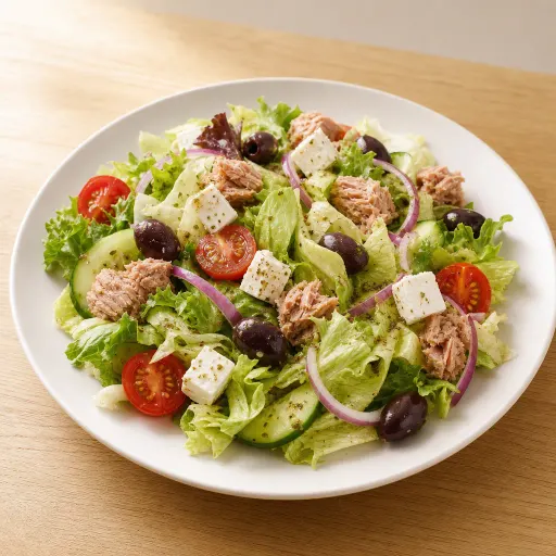 Verdi, mit Eisbergsalat, Tomaten, Gurken, Thunfisch, Schafskäse, Oliven und Zwiebeln - Bella Casa Datteln