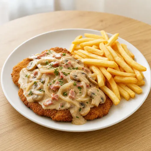 Champignonschnitzel, Champignons, Zwiebeln, Schinken, Sahnesauce - Bella Casa Datteln