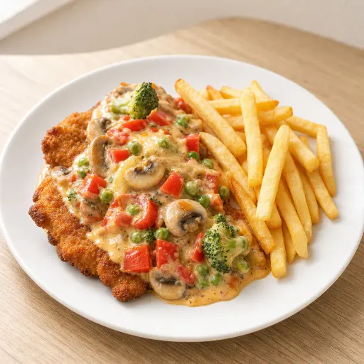 Schnitzel Bella Casa, mit Paprika, Champignons, Erbsen, Broccoli, Tomaten-Käsesauce - Bella Casa Datteln