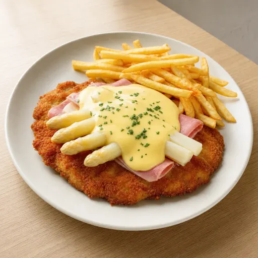 Schnitzel Hollandaise, mit Schinken, Spargel, Sauce Hollandaise - Bella Casa Datteln